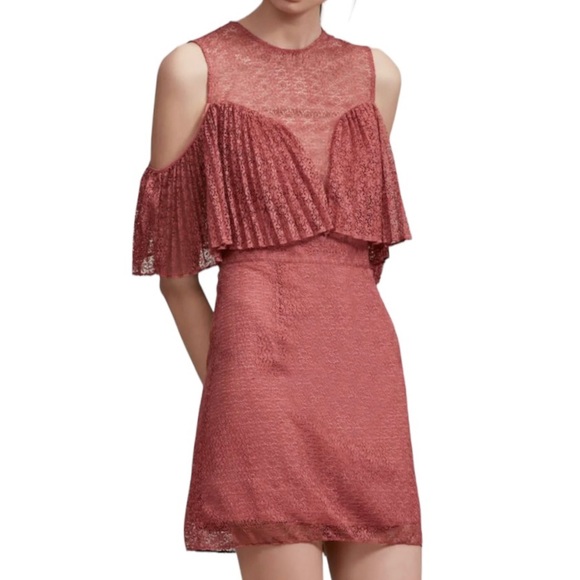 Keepsake Rose Pink Lace Sweetheart Plunge Ruffle Cold Shoulder Mini Pencil Dress - Picture 1 of 16